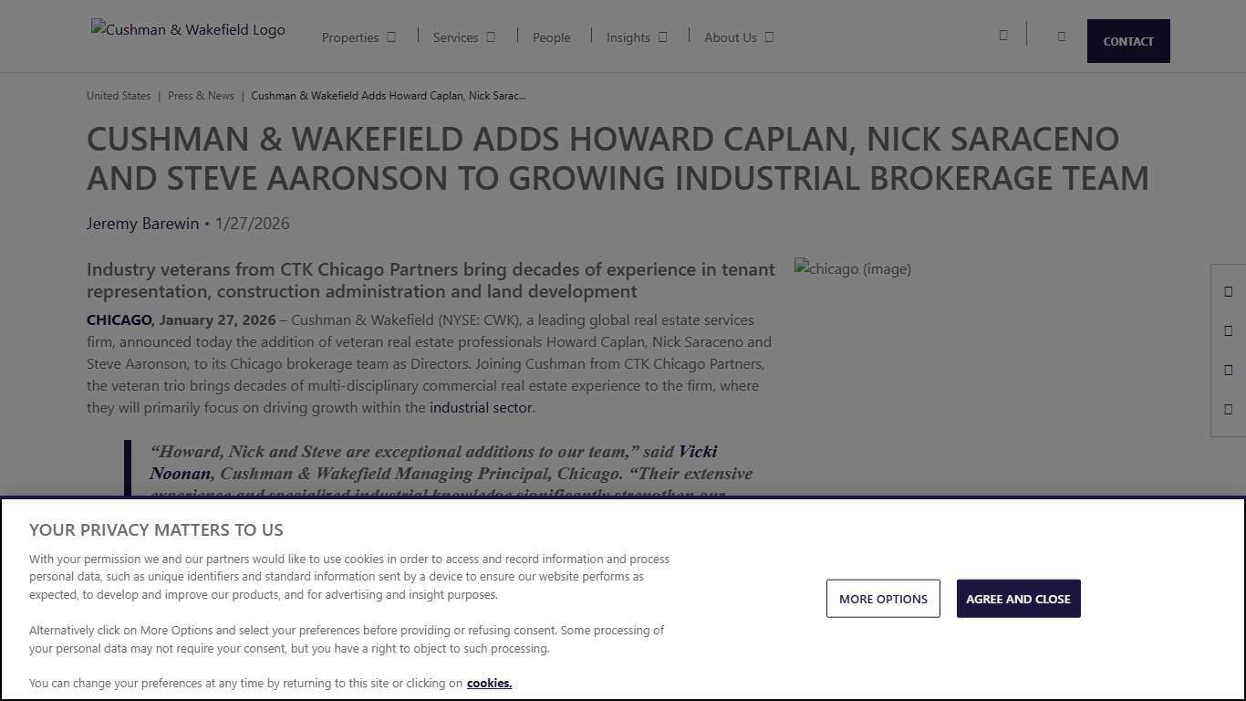 Cushman & Wakefield Adds Howard Caplan, Nick Saraceno and Steve Aaronson to Growing Industrial Brokerage Team US Cushman & Wakefield